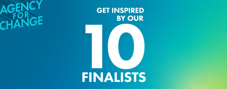 Vector graphic with text that says "Getting inspired by our 10 finalists (for the Agency for Change Challenge)."