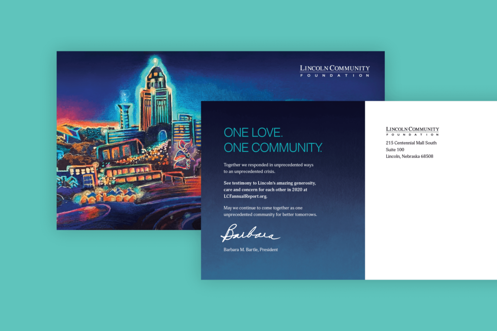 Image featuring the front and back design of theLincoln Community Foundation postcard.