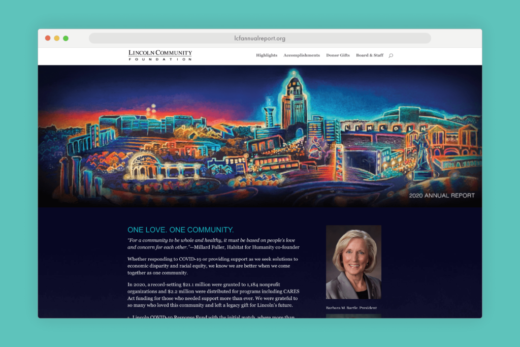 Image of a browser window open to the Lincoln Community Foundation 2020 annual report landing page design.