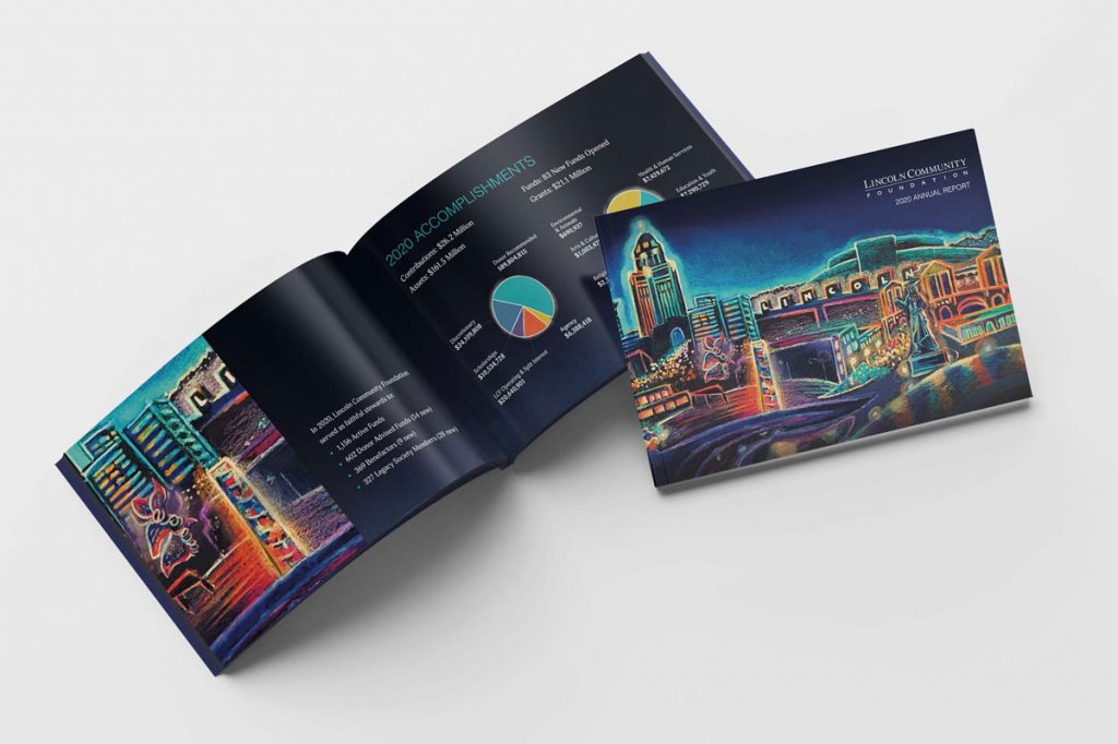Photo of an interior spread of the Lincoln Community Foundation annual report. The design features a hand-drawn illustration of the city of Lincoln.