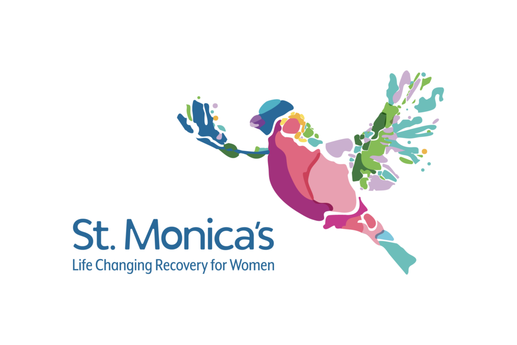St. Monica's logo design featuring a watercolor style bird with it's wings spread.