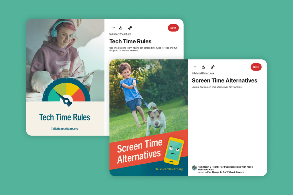 Graphic showing Pinterest pins created to encourage a healthy balance of tech usage.