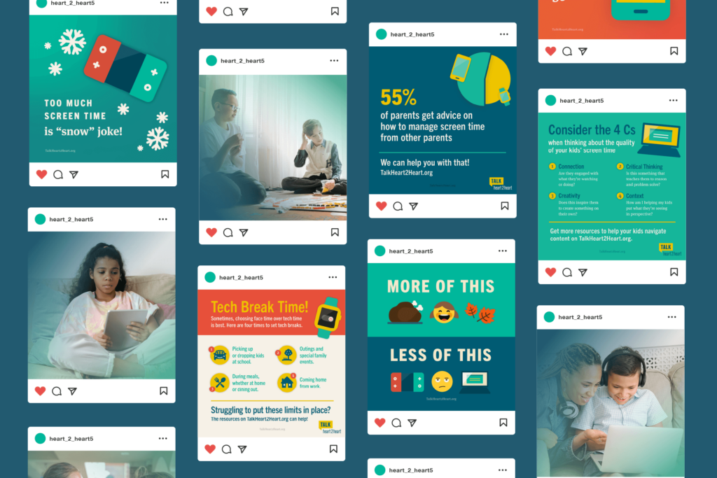Graphic showing social media posts created to encourage a healthy balance of tech usage.