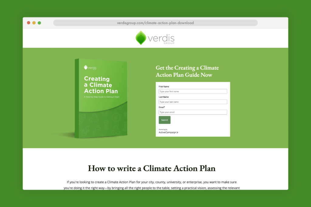 Design showing the Verdis Group landing page used for lead captures.