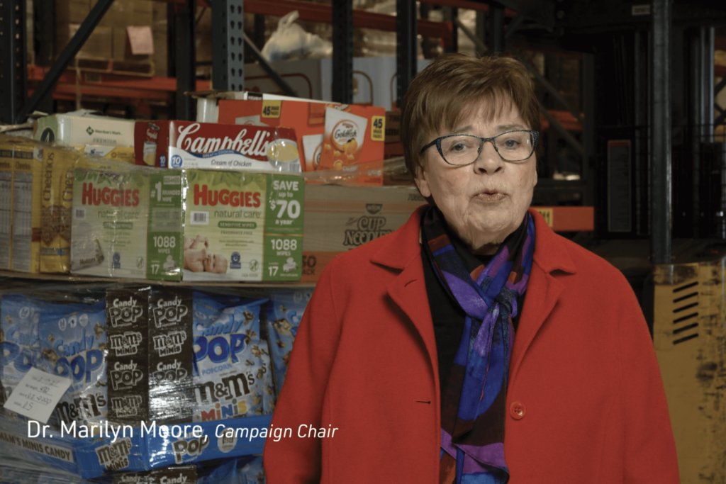 Dr. Marilyn Moore appears in a screenshot of the Food Bank Capital Campaign video.