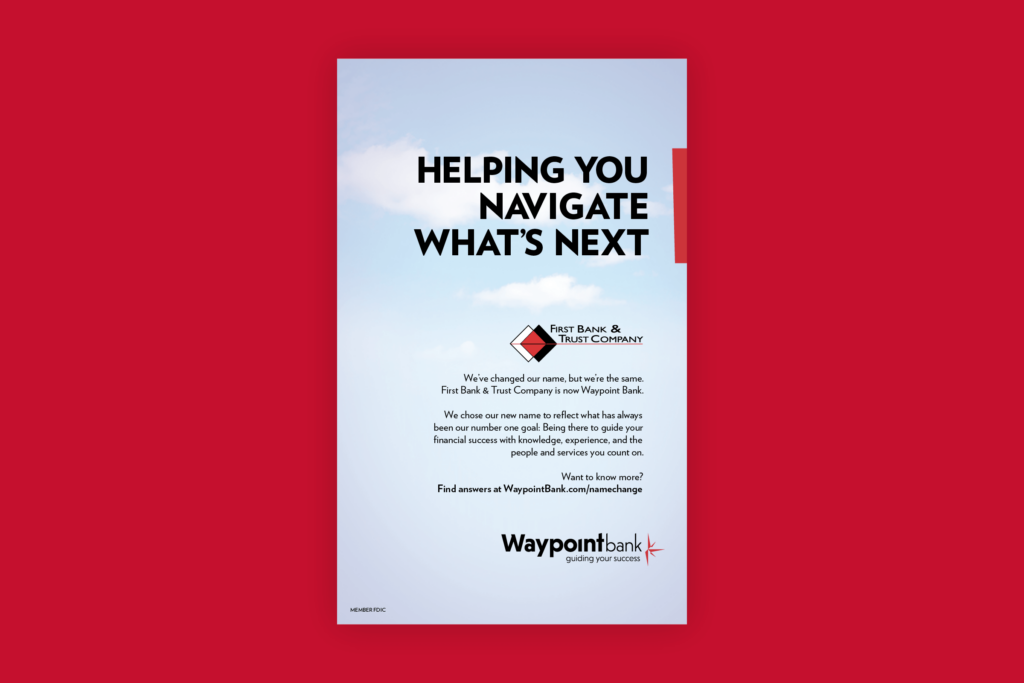 Image showing the design for the Waypoint Bank ad announcing their name change.