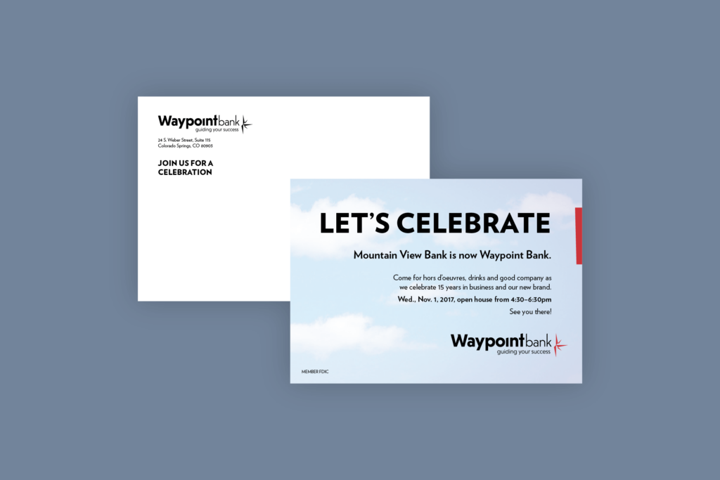 Image mockup showing both the front and back of the Waypoint Bank postcard design.