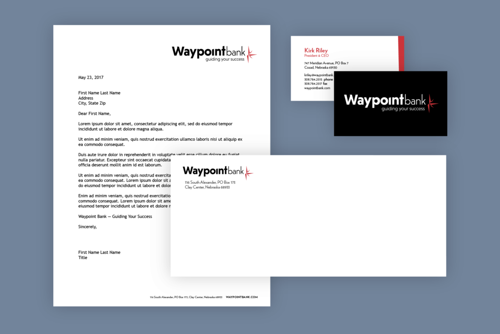 Image mockup of the Waypoint Bank stationery suite.