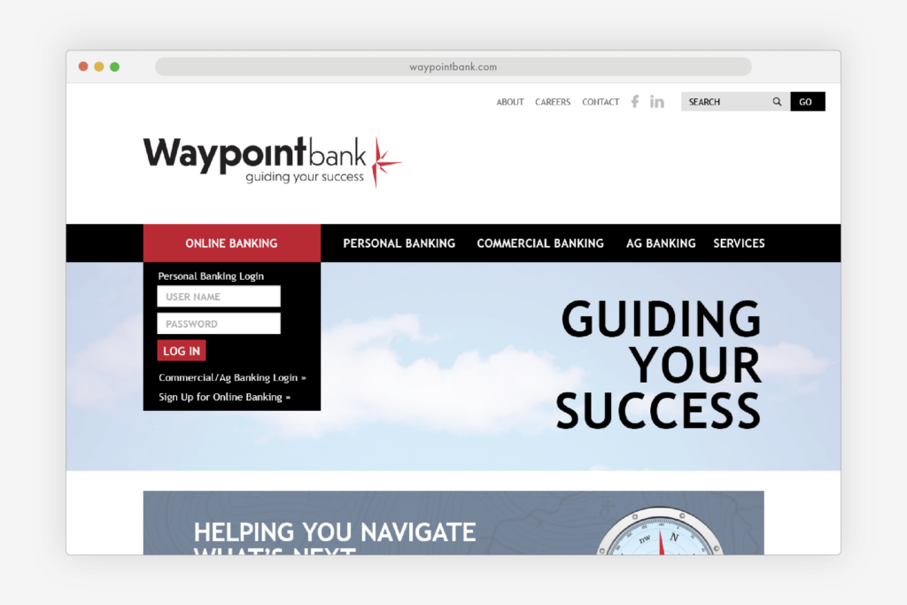 Browser mockup showing the Waypoint Bank website homepage design.