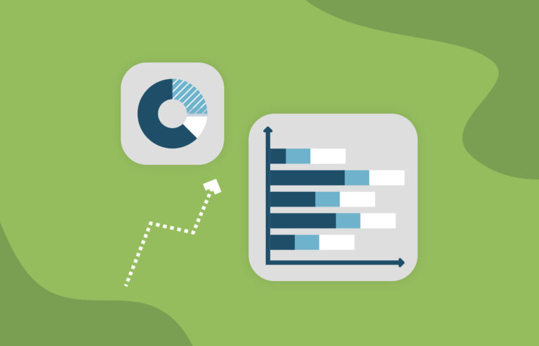 A graphic featuring geometric shapes that look like a pie chart and a bar graph. The background is green. There is a white arrow pointing upward between the two charts.