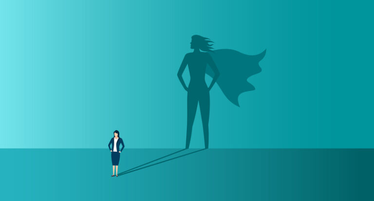 vector of a woman with a super hero shadow.